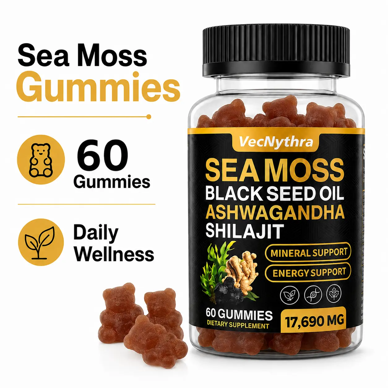 VecNythra Sea Moss Gummies with Black Seed, Ashwagandha, Shilajit & Bladderwrack, Vitamin C & D, Daily Wellness Supplement, 60 Gummies