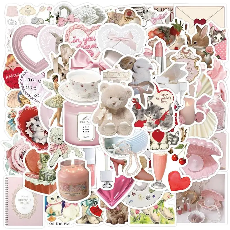 60pcs Coquette Aesthetic Stickers for Girls – Cute Waterproof Vinyl Stickers Pack for Laptop, Water Bottle, Phone, Scrapbook, Guitar, Journal, Pink Kawaii VSCO Stickers, Animal & Cartoon Theme for Teens, Kids, Adults, sticker bundle, waterproof stickers