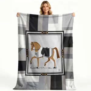 Chic Equestrian Flannel Blanket Stylish Brown Horse & Saddle Design with Classic Black White Border Cozy Soft Throw for Couch Elegant Home Decor Gift-280GSM