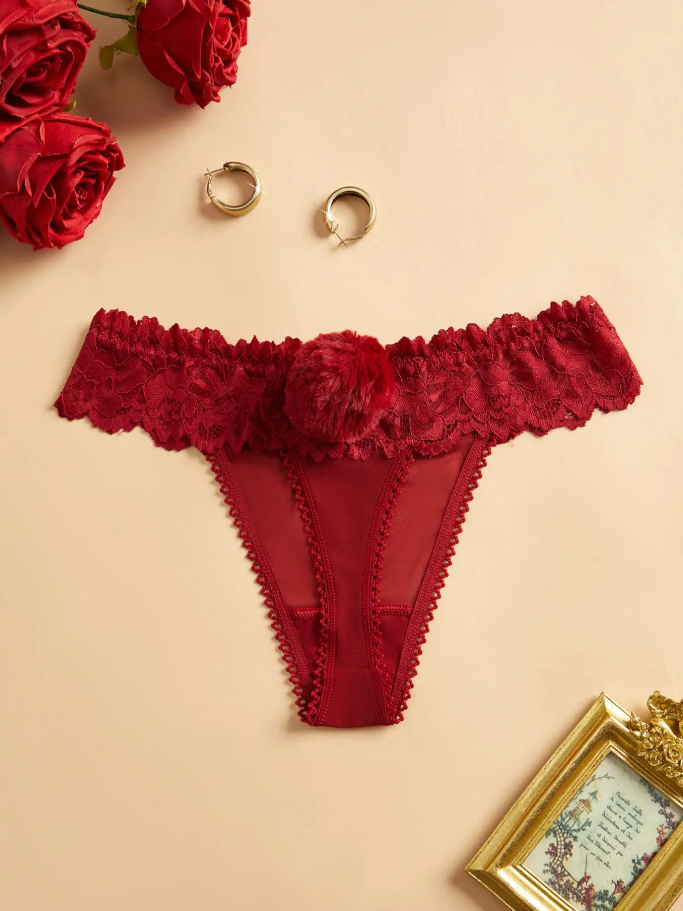 Cute Bunny Girl Cosplay Panties, Detachable Soft Fluffy Fur Ball Lace Underwear, Feminine Sexy Rabbit Tail Design, Women's Erotic Triangle Shorts