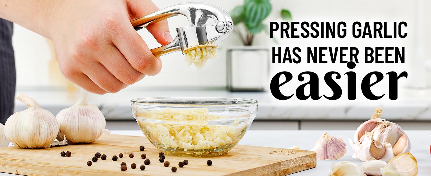 Premium Garlic Press Set - Rust Proof Professional Garlic Mincer Tool - Easy-Squeeze, Easy-Clean with Soft, Ergonomic Handle - Silicone Garlic Peeler & Brush (Silver)