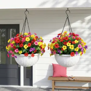 Artificial Hanging Flower Baskets Realistic Daisy & Eucalyptus UV Resistant for Porch Patio Balcony Decor
