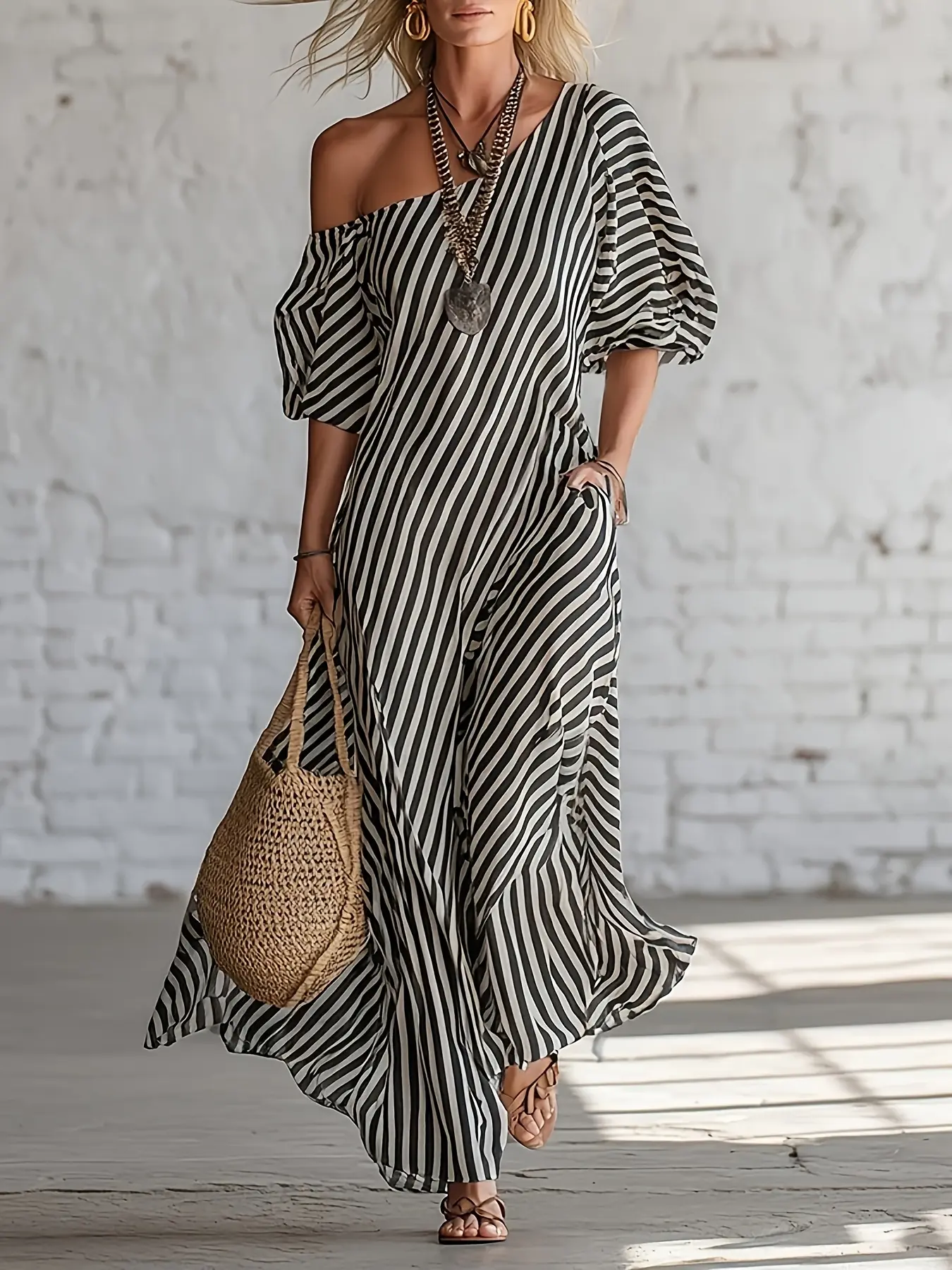 Women'S Casual Striped Maxi Dress - Asymmetrical One Shoulder, Puff Sleeve, Loose Fit with Pockets, Summer Beachwear