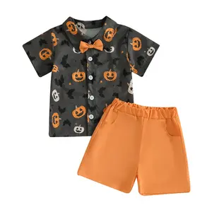 REDWOON Baby Boy Halloween Outfits Pumpkin Bat Short Sleeve Button Down Polo Shirt Shorts Set Toddler Halloween Outfit