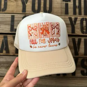 Tan Fall for Jesus He Never Leaves Cross and Bows Trucker Hat with Orange Bow Design