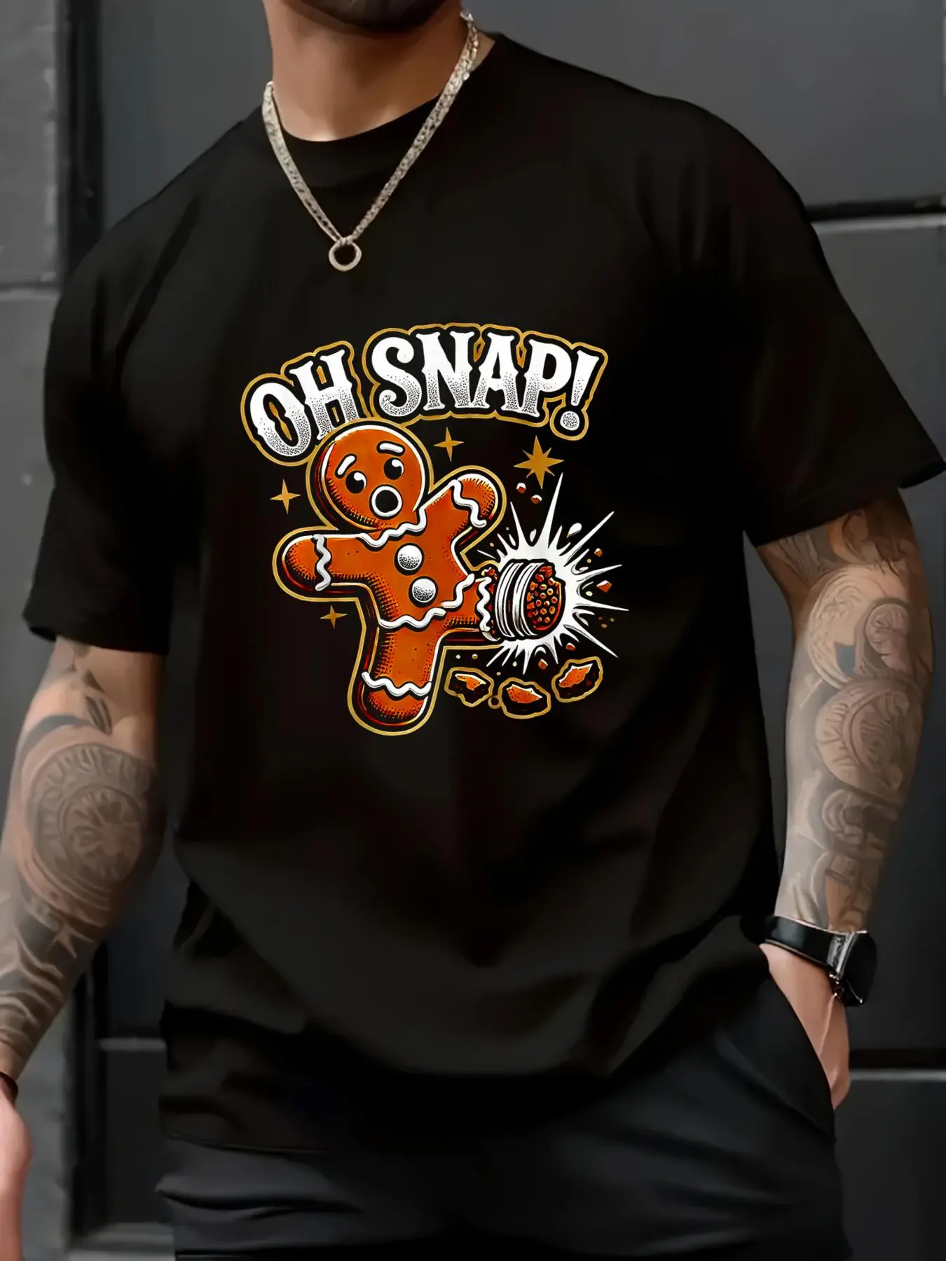 Men's Oh Snap Gingerbread Man Crew Neck 100% Cotton Short Sleeve T-Shirt, Humorous Christmas Cartoon Graphic Print, Casual Loose-Fitting Unisex Tops, Ideal for Parties, Stylish All-Season Menswear, Cold Wash Compatible