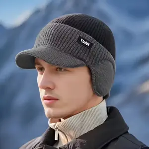 Men's Winter Fleece Lined Knit Hat, Colorblock Style with Ear Flaps and Sun Visor, Hand Washable, Wind-Resistant Outdoor Cycling Sports Cap