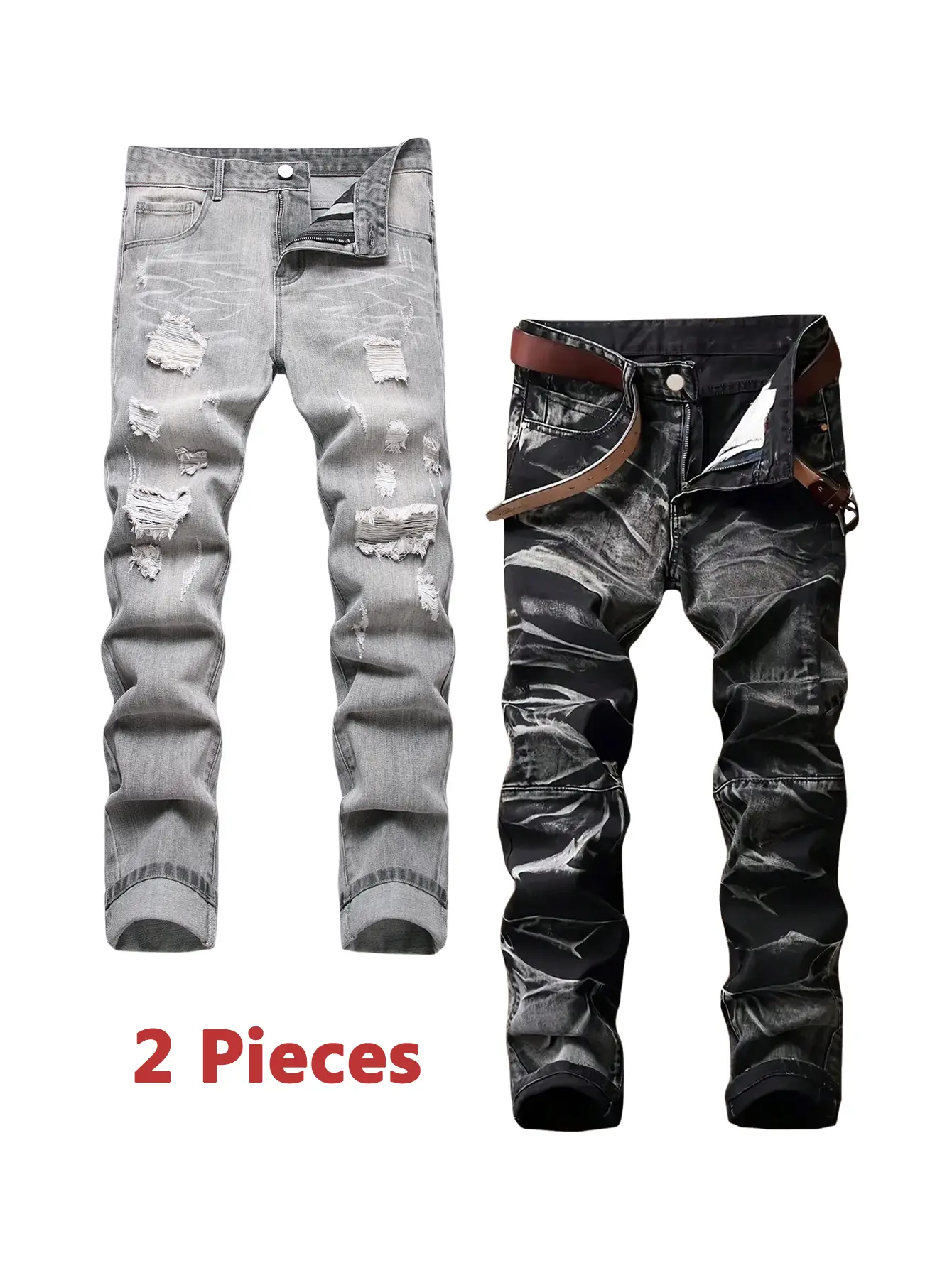 Men's 2-Piece Cotton Jeans, Slim-Fit Ripped Straight-Leg Denim Pants with Zipper, Personalized Street Style Menswear Casual Trousers (Gray & Black), Plain, Hipster, Distressed, Pockets, Classic, All Seasons, Five Pockets, Machine Wash