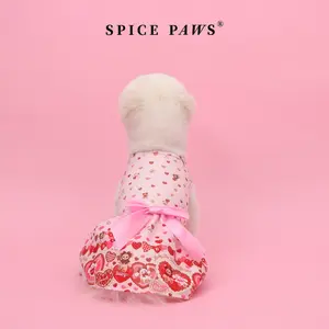 Pet Valentine Dog Dress, Pink Heart & Teddy Print Puppy Dress with Bow Tie for Small Medium Large Dogs, Floral Dog Clothes for Daily & Party, Ruffled Skirt Dog/Cat Sundress with Large Bowknot Detail, Pet Apparel, Clothing