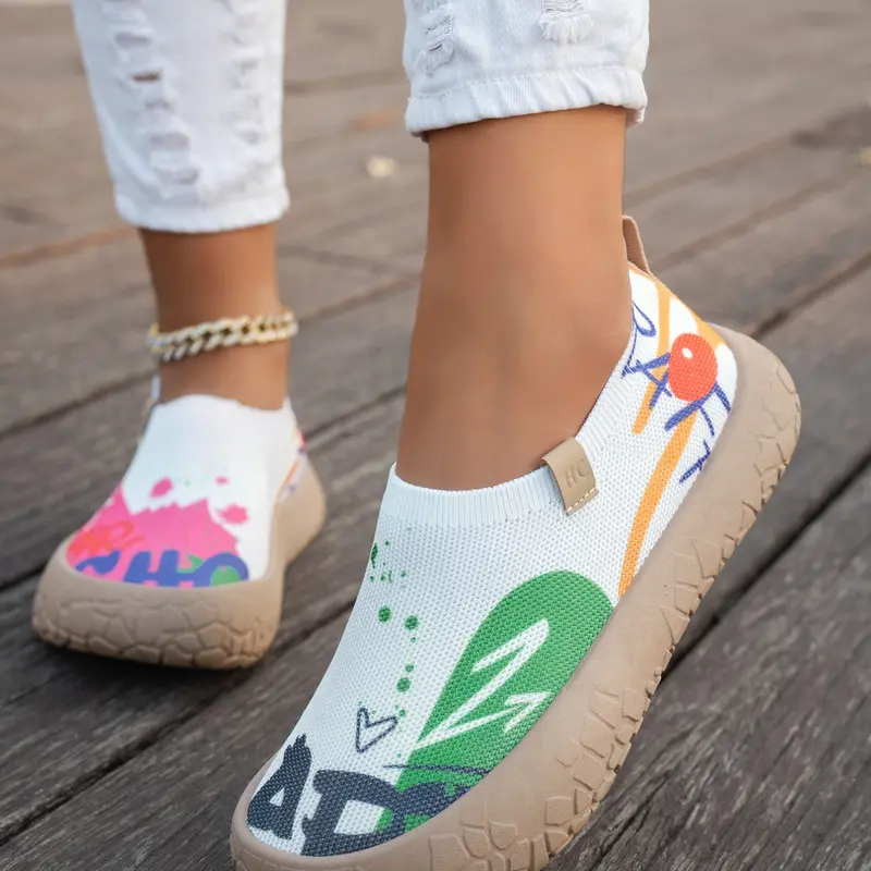 Women's Spring Summer New Full Print Low-Top Slipon Single Shoe, One-Piece Soft Bottom Anti-Slip Breathable Mesh Casual Shoes（size runs small ,order one size up）
