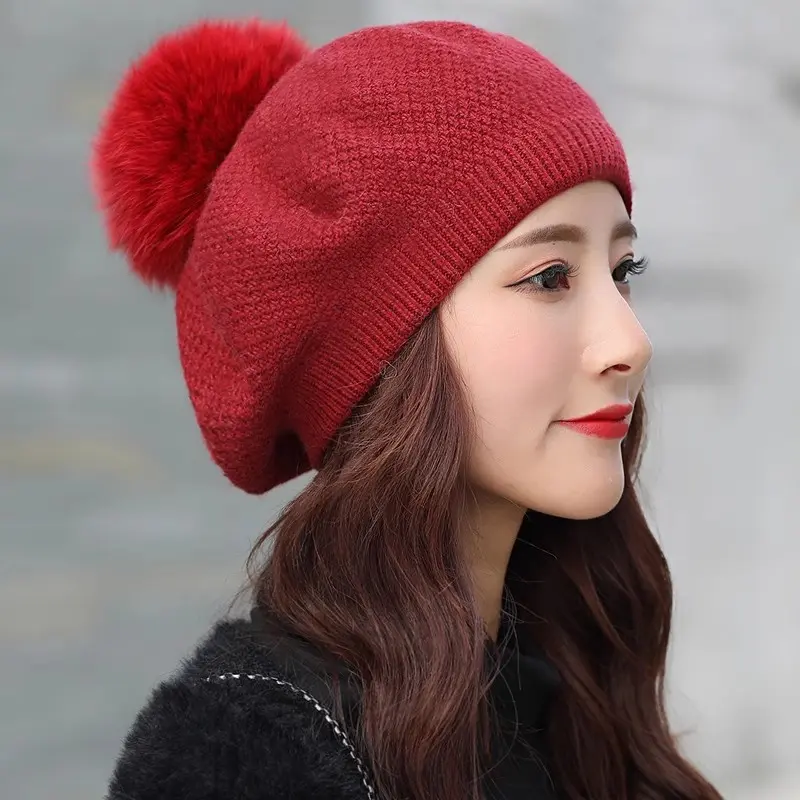 Beret women's retro British knitted rabbit fur Korean version trendy fashion cute furball autumn and winter warm hat women's trendy commuting versatile