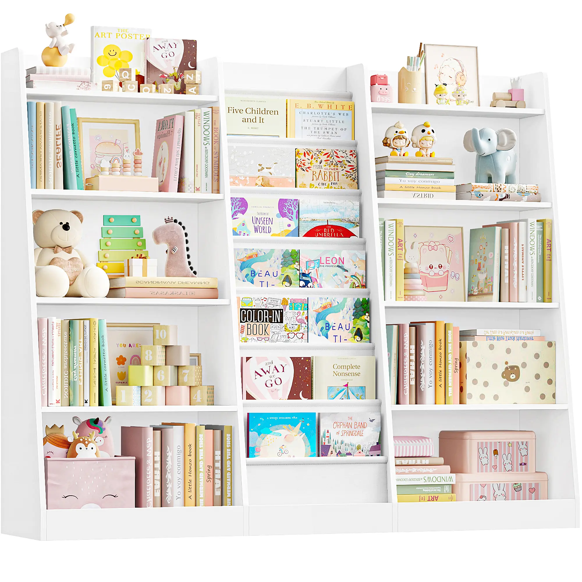 FOTOSOK 57.9" Kids Bookshelf and Toy Storage Organizer with 7 Sling Pockets, 5-Tier Book Shelf for Kids Rooms, Montessori Bookshelf for Playroom, Classroom