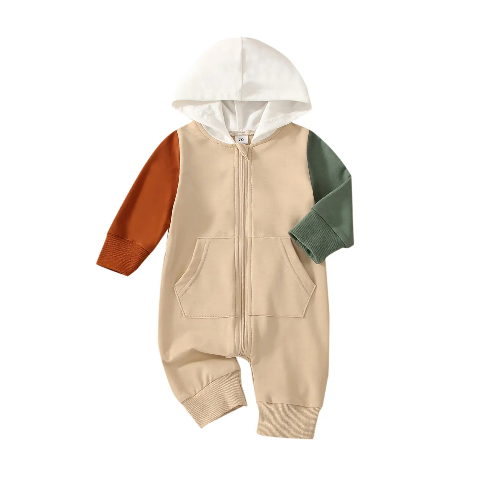 Infant Baby Boy Long Sleeve Hooded Jumpsuit Patchwork Color Block Zipper Romper Front Pocket Fall Winter Clothes