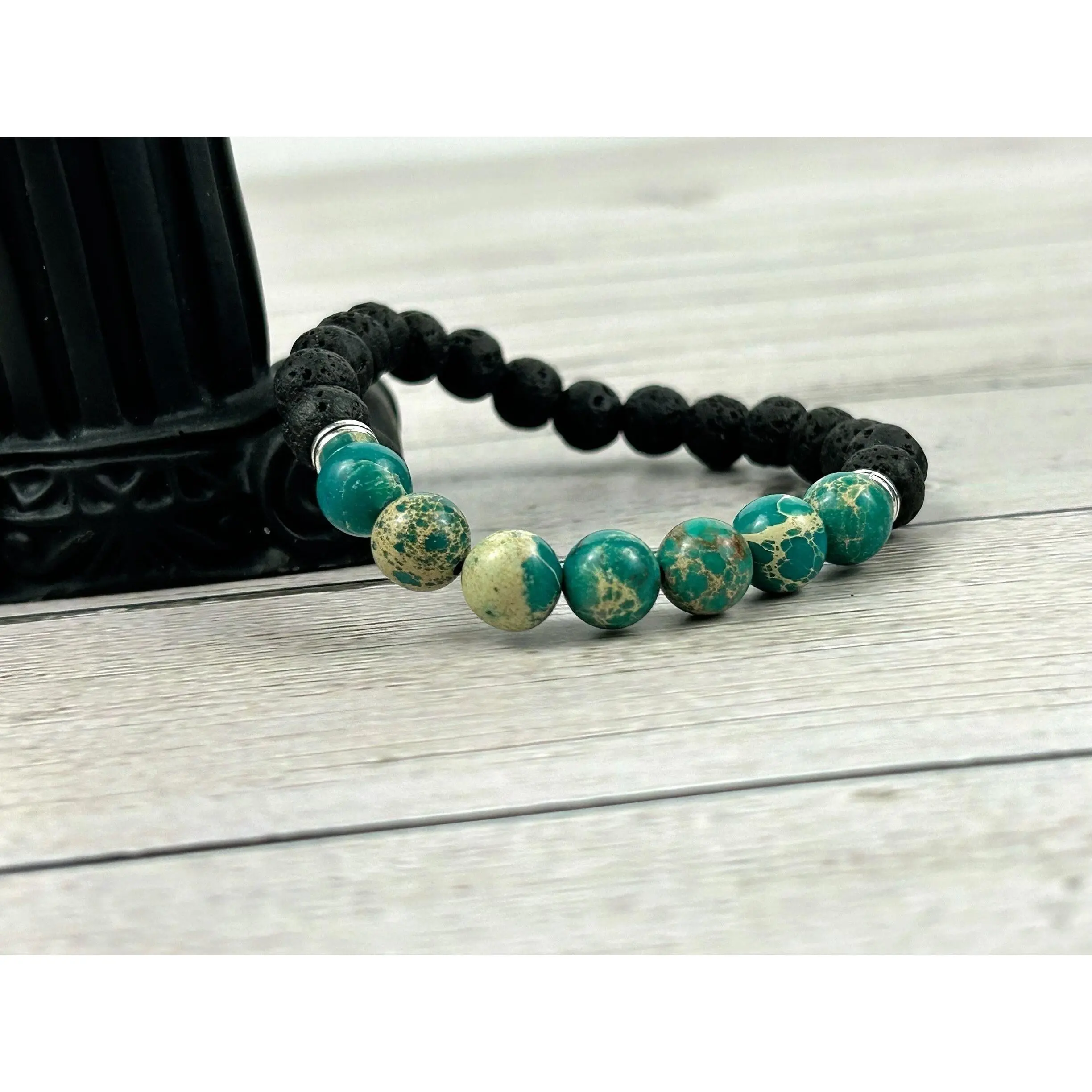 Teal Green Imperial Jasper Bracelet with Black Lava Beads - Diffuser Bracelet - Essential Oil Bracelet