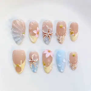 Seashell Mermaid Dreamy Press On Nails | 3D Starfish, Ocean Bubble & Shell Texture Details | Soft Nude Blue Glossy Almond Set | Perfect for Beach Vacations & Summer Dates