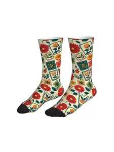 Women Beige Background Retro Framed Floral Mid Calf Socks Cottagecore Boho Spring Flower Streetwear Socks