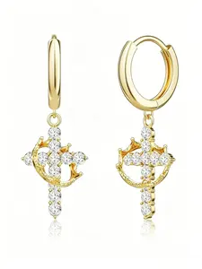 Fashion Crown Cross Rotating Earrings, Women's Zircon Cross Pendant Earrings, Hypoallergenic Non-Fading Jewelry, Christian Gift for Girls
