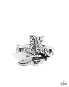 Boot Beginning - Black Star Gem Cowboy Boot Western Silver Ring - Paparazzi