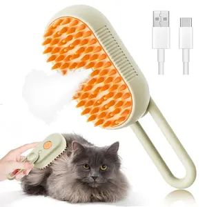 3-in-1 Cat Steam Brush for Dogs and Cats, Hair Removal, Cleaning, and Massage, Rechargeable with Spray Function for Cleaning and Adding Softener, Silicone Brush Teeth for Better Massage Experience, Rotating Handle for Easy Cleaning