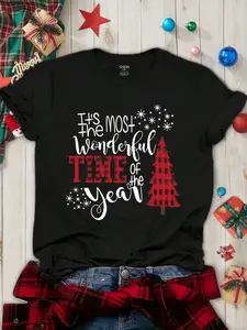 SHEIN LUNE Plus Size Women's Merry Christmas Tree It's Most The Wonderful TIME Of The Year Pattern Printed T-Shirt, Summer Clothes Graphic Tees Women Tops