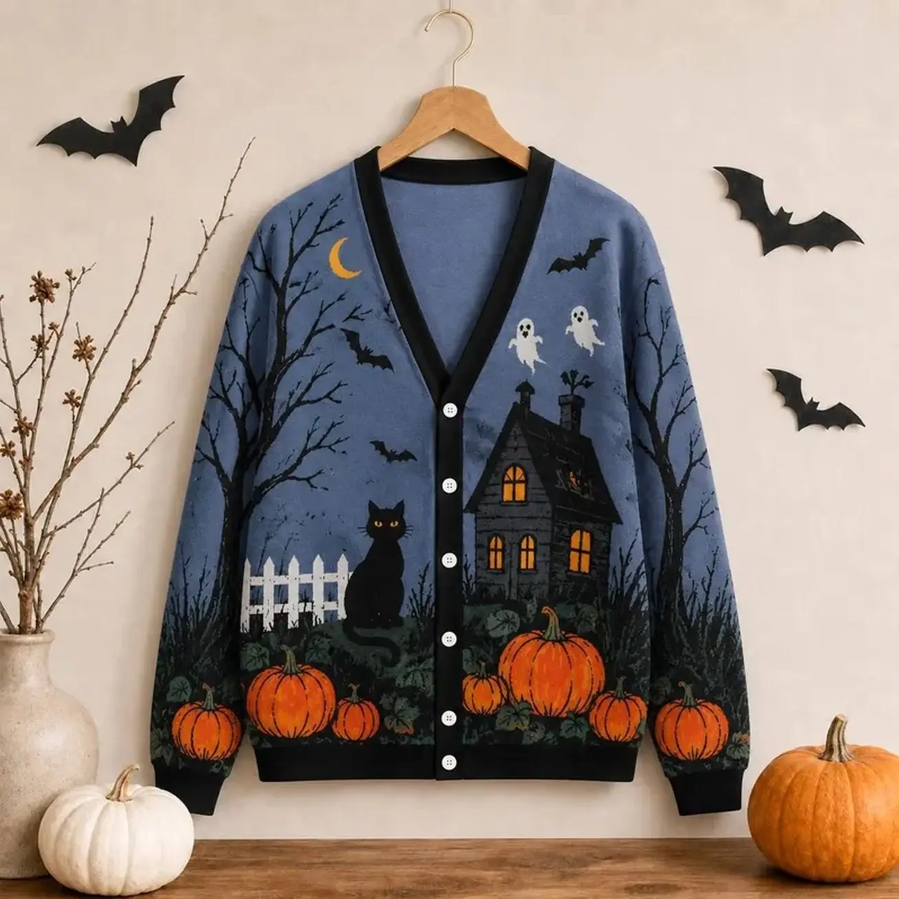 Blue Haunted House Halloween Cardigan, Black Cat Ghost Pumpkin Knitted Button Sweater, Spooky Fall Jacket