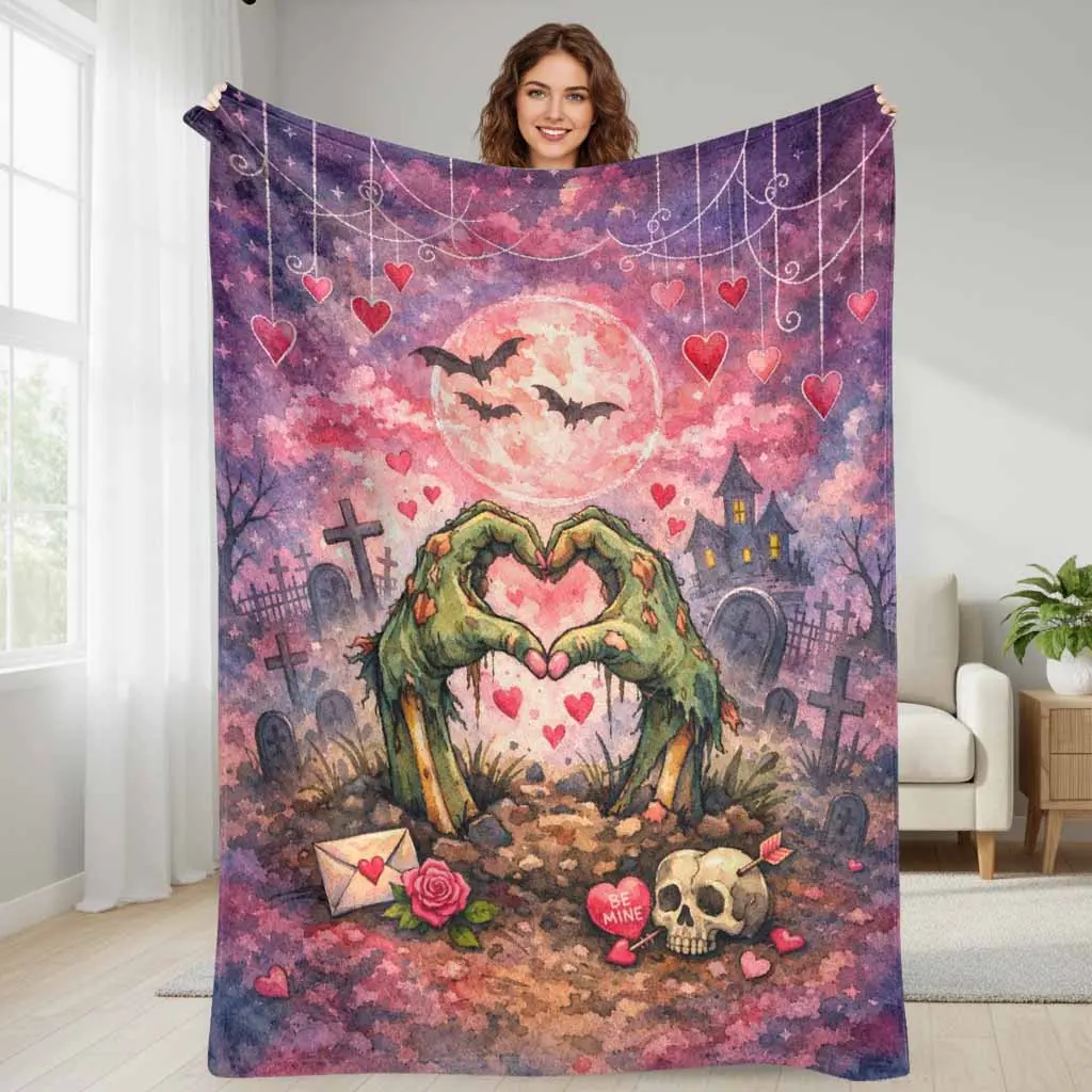 Zombie Hand Heart Printed Gothic Romantic Flannel Blanket - Super Soft, Cozy, Lightweight, Breathable, Warm Bed Throw, Ideal Valentine's Day Gift, Room Decor, Couch Use
