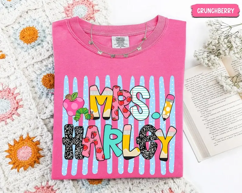 [Custom] Comfort Colors Personalized Teacher Striped Shirt, Custom Name Teacher Tee, Alphabet Pencil Graphic T-Shirt, Back To School Gift