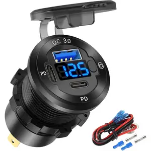 Car Socket Round USB C 12V Outlet, 3-Port Marine Fast Charger Waterproof Cigarette Outlet Replacement Aluminum with Switch & Voltmeter, Suitable For Boat For Golf Cart For RV For Motorcycle For Truck