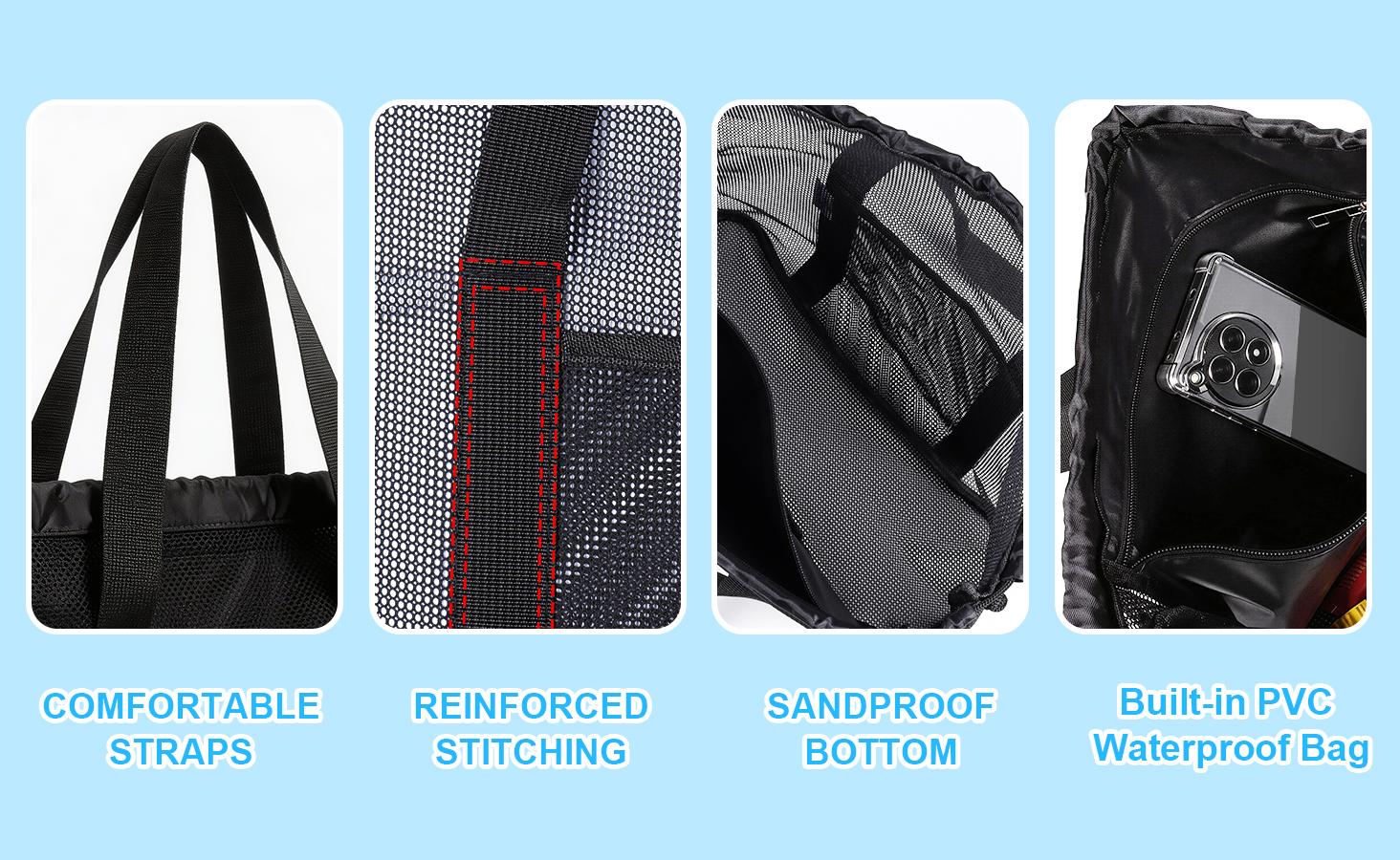 B2LOVER Large Capacity Beach Tote Bag with Waterproof Storage Pouch Bath Bag Portable Foldable Drawstring Bath Travel Toiletry Bag Gym Swim Beach Storage Organizer Multi-Purpose Ventilated Travel Organizer Toiletry Bag Makeup Bag Mesh Tote for the Beach