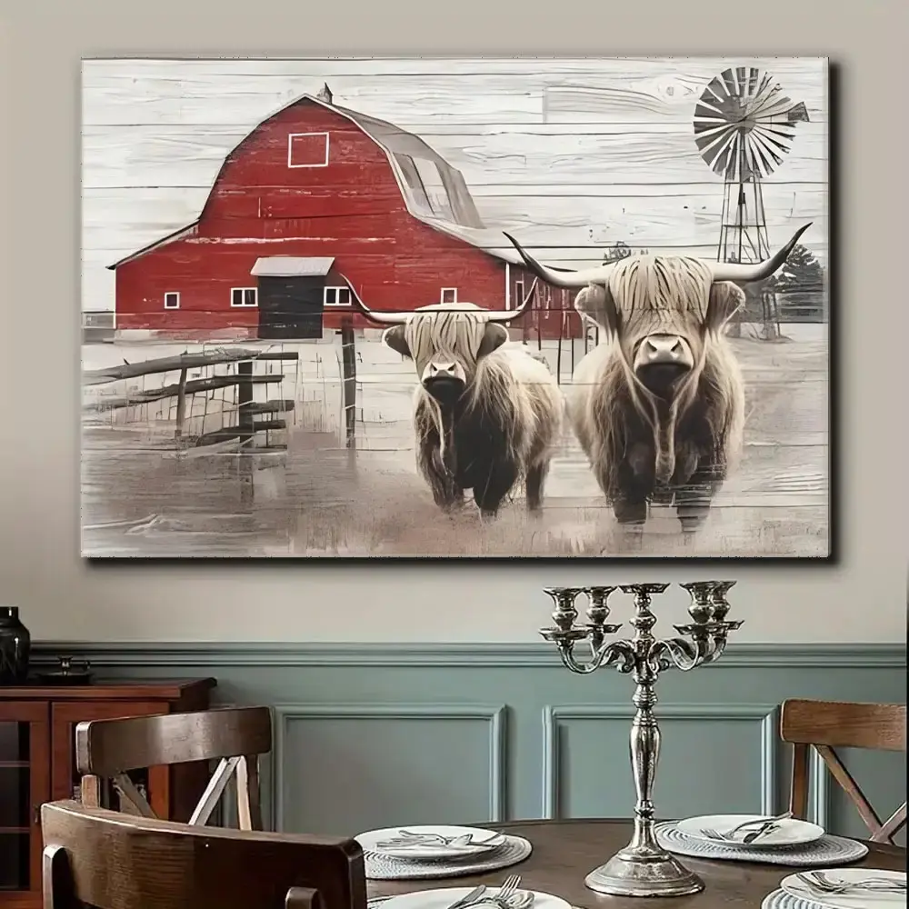 Canvas Print, Fashion Decorative, Home Decoration, 1 Piece Edged Canvas, Country Farmhouse Style Red Barn and Scottish Highland Cow Canvas Art Print, Suitable for Bedroom, Kitchen, Bathroom, Office, and Cafe Wall Decoration - Charming Country Cottage Styl