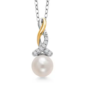 925 Sterling Silver and 10K Yellow Gold 7-7.5MM Cultured Freshwater Pearl and White Lab Grown Diamond Pendant Necklace For Women with 18 Inch Chain