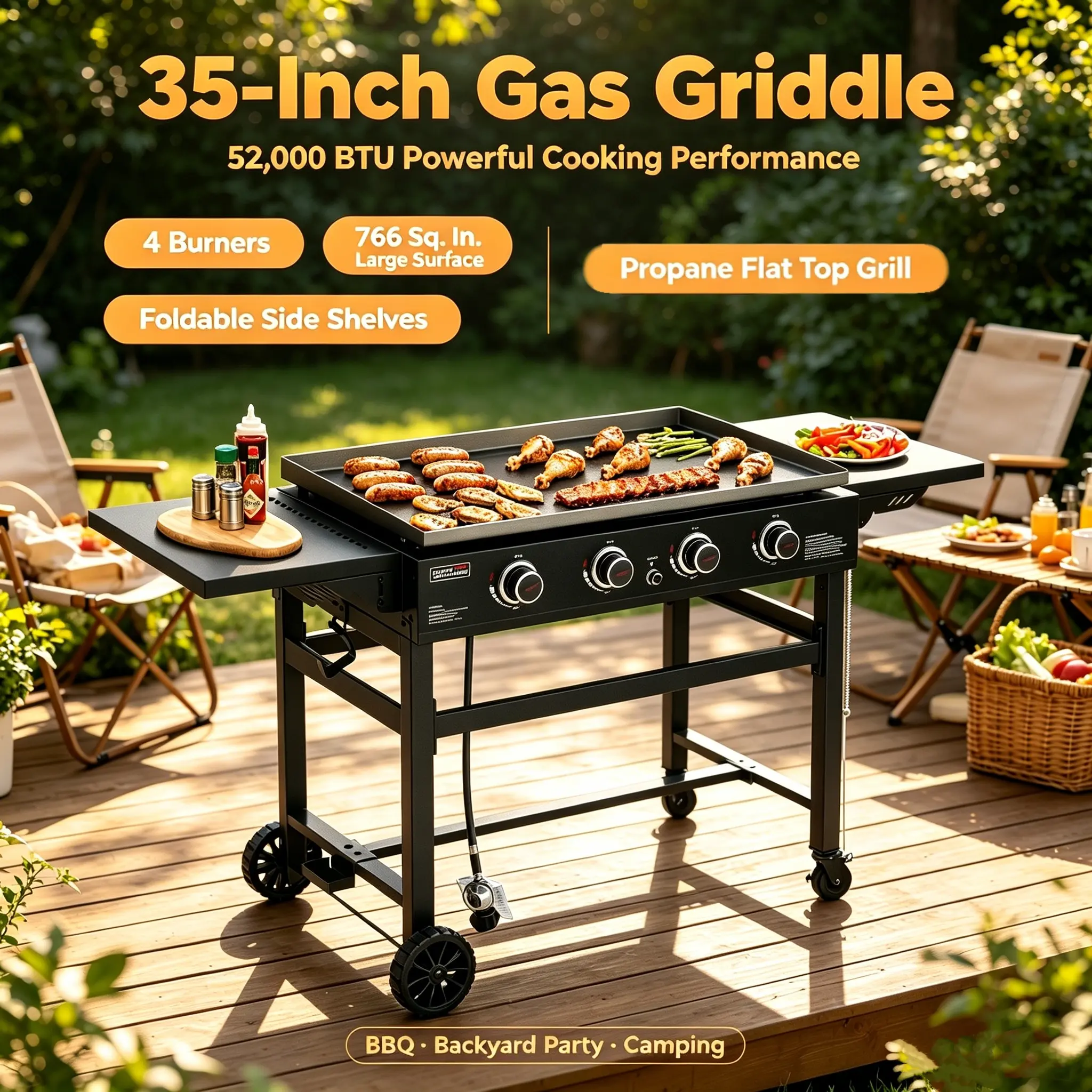 Royal Gourmet GB4001B 35-Inch Gas Griddle with 4 Burners, 52,000 BTU Propane Flat Top Grill, 766 Sq. In. Large Cooking Surface with Foldable Side Shelves for Outdoor BBQ, Backyard Party & Camping, Black
