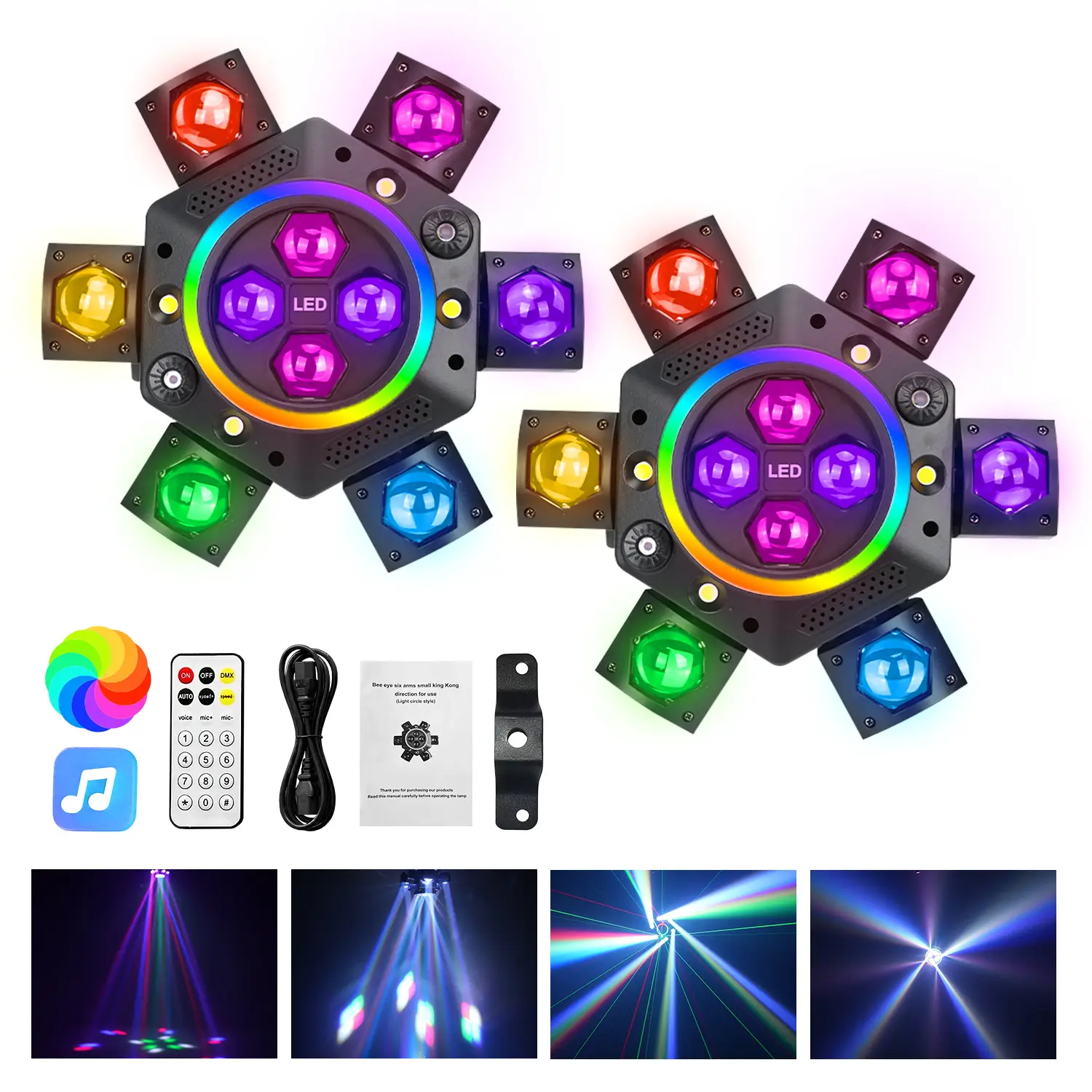 XDV 150W 6-Arm Moving Head LED Light - Upgraded Halloween Party Bee Eye LED 2.0, 10 Cree 10W RGBW Leds, Red/Green Laser Starry Sky, White & Amber Strobe, DMX-512, Remote, Sound Active, Geometric Effect for Club Stage Events
