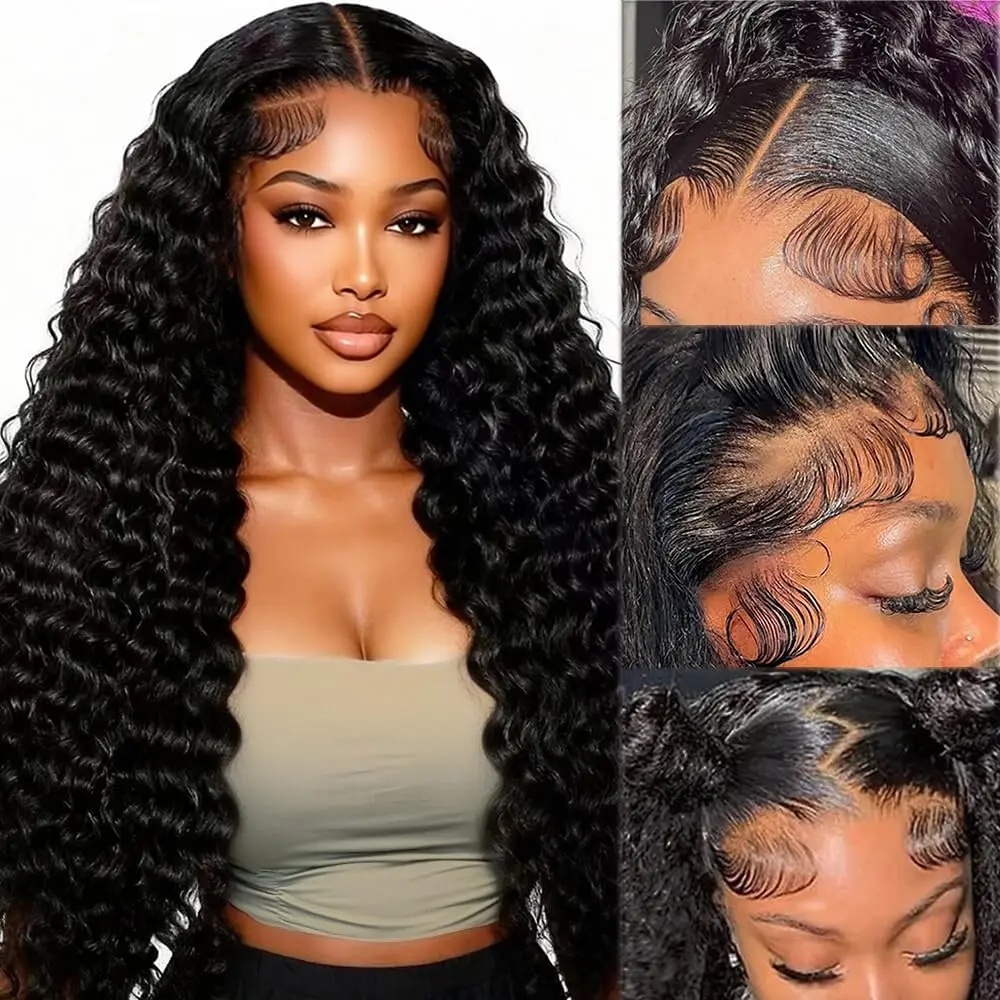 [On Sale] Only 83.99 Deep Wave 13x6 & 13x4 Lace Wig Women's Human Hair Lace Frontal Wigs - 180% Density, Adjustable, Heat Resistant, Wave Print, Deep Wave, Female, Wigs for Black Women