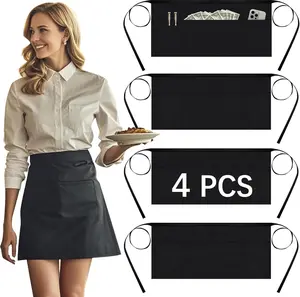 Server aprons with 3 pockets - Reinforced tailor edge restaurant apronblack waitress apron (4PCS)