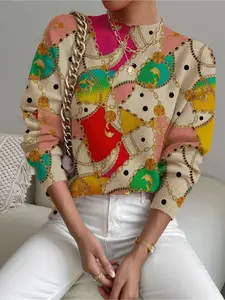Women's Geometric Chain Patchwork Colorblock Floral Knit Sweater, Fall Winter Casual Long Sleeve Fitted Top, Comfortable Warm Womenswear Knitwear Clothing Feminine