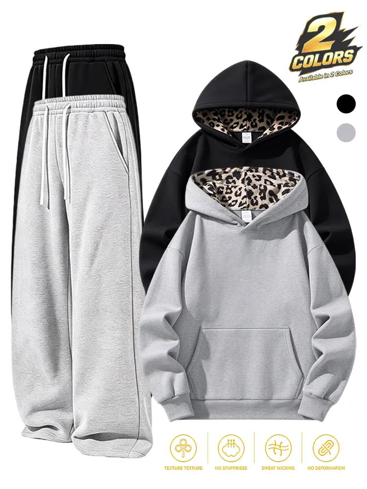 Unisex leopard print hoodie sweatshirt and wide leg sweatpants set, minimalist street style, drop shoulder loose hoodie paired with long straight leg pants, kangaroo pocket, drawstring waistband, skin friendly fabric, suitable for campus wear, commuting,