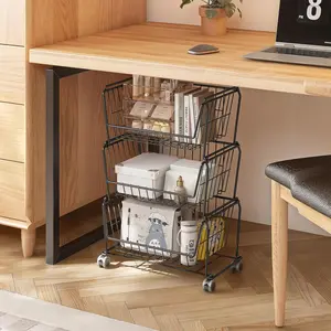 Stackable Metal Storage Carts, Dual Use Shelf for Kitchen Fruit Vegetable Baskets with Wheels, Storage Rack for Living Room, Home & Office, Standard Black 4 Tiers Organiser Decoration Garage Household Set Slide Standing Steel