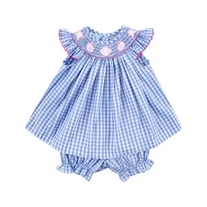 Seashells Paradise Smocked Bloomer Set - Blue Gingham 2Pc Outfit for Baby & Toddler Girls