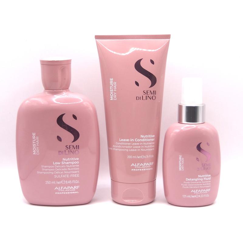 Alfaparf Semi Di Lino Moisture Nutritive Trio - Shampoo 250ml, Conditioner 250ml, Detangling Fluid 125ml - Hydrate & Nourish Dry Hair