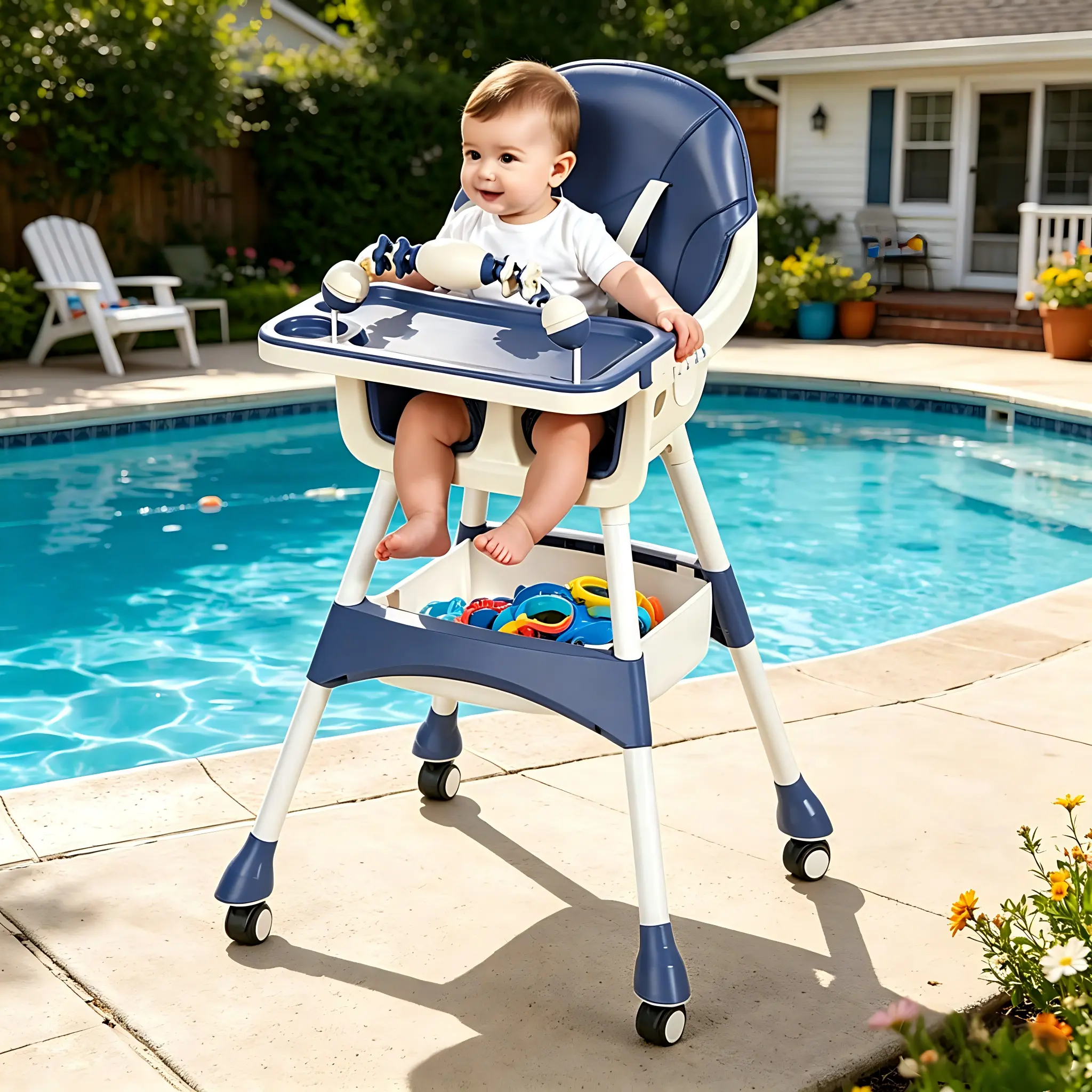 Portable Baby High Chair with Lock Wheels & Storage Basket for Toddlers double removable tray Portable Baby High Chair with Lock Wheels & Storage Basket for Toddlers double removable tray
