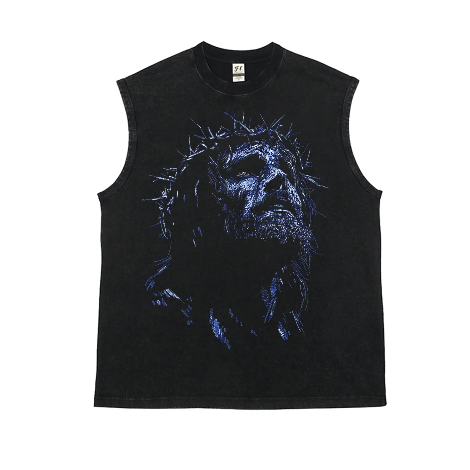 Men's Vintage Washed Unisex Oversized Cotton Vest - Organic Soft Fabric, Jesus Crown of Thorns Digital Graphic Print, Sleeveless Athletic Top Vest, Casual Summer Menswear, Sleeveless Athletic Top Vests