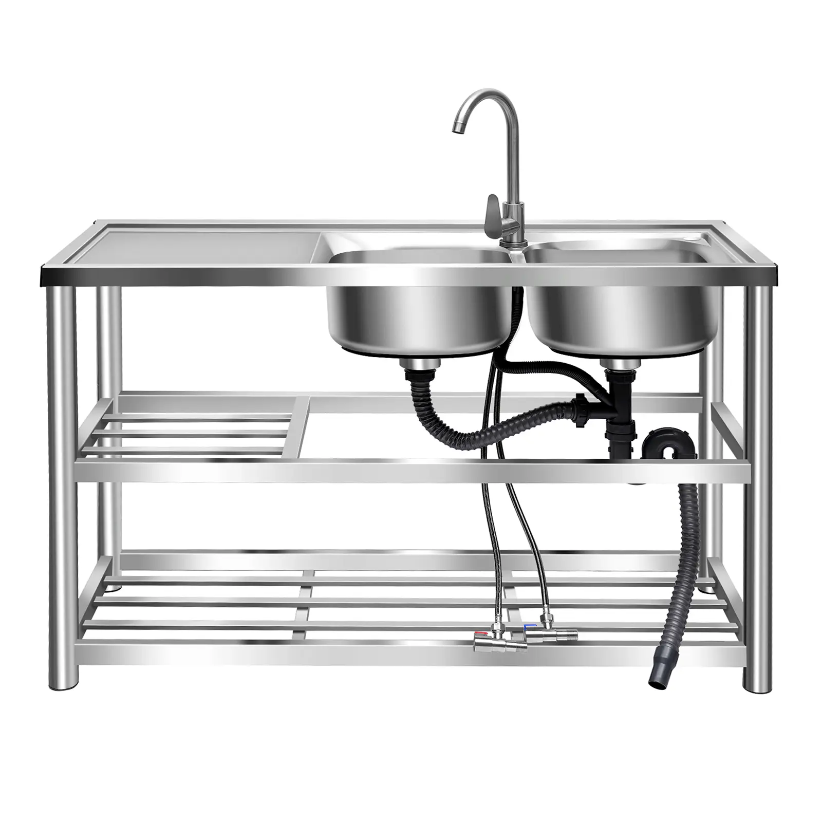 Metallic 3-Basin 304 Stainless Steel Freestanding Utility Wash Tub - Rectangle, 104*53*40cm, 80cm Height, Adjustable PVC Wash & Drain Pipes, Splashback, 3 Drains, Filter, 440 lbs Heavy Duty Load, Commercial Sink for Restaurants, Laundry Room, Snack Bars