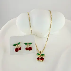 Cherries Set of Necklaces and Bracelets 18 Inches Plus 2 Inches Extension with Red and Green Gemstones
