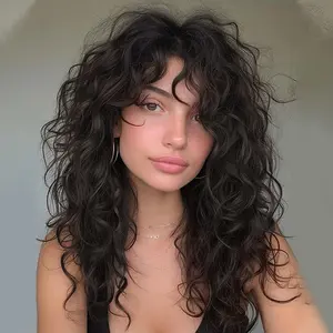 Ombre Dark Brown Rock Curly Wave Wig Wear And Go Synthetic Retro Wet Wavy Wig With Bangs 20 Inch Loose Curly Wig For Daily Party Cosplay Use