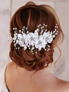 Elegant Rhinestone & Faux Pearl Decorated Flower Design Hair Comb, 2024 New Style Bridal Headwear for Wedding Party Formal Occasions, Fashion Hair Accessories for Women, Tiara