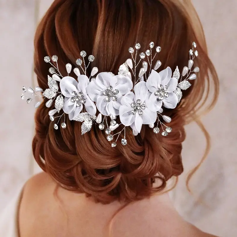 Elegant Rhinestone & Faux Pearl Decorated Flower Design Hair Comb, 2024 New Style Bridal Headwear for Wedding Party Formal Occasions, Fashion Hair Accessories for Women, Tiara
