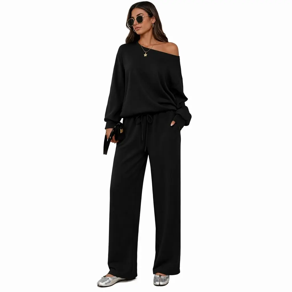 Women's Casual 2-Piece Loungewear Set Gifts  - Oversize Sloping Shoulder Long Sleeve Solid Scoop Neck Top & Wide Leg Trousers, Soft Relaxed-Fit Outfit for Daily Lounging, 2 Piece Sets, Women 2 Piece Sets