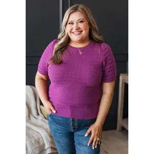 Accepting Fate Short Sleeve Pointelle Sweater- Magenta