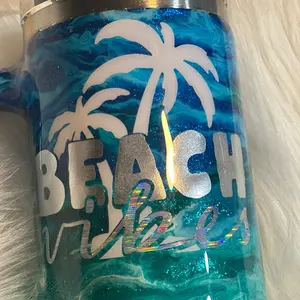 Beach Vibes 40 Ounce Epoxy Stainless Steel Tumbler - Tropical Palm Trees Ocean Water - Drinkware, Bottle